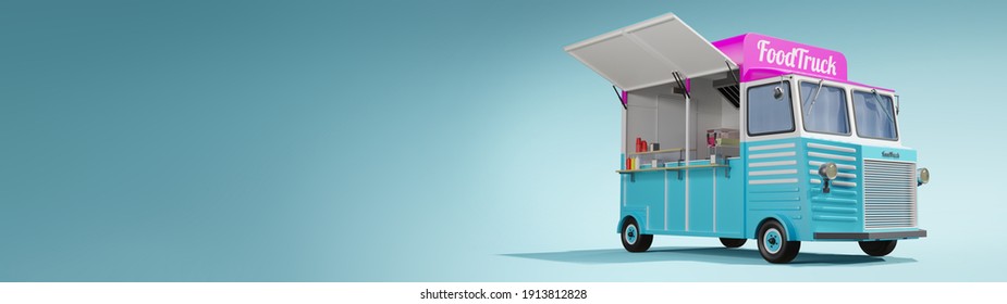 Retro Style 3D Food Truck Illustration Isolated On Blue Landscape Background