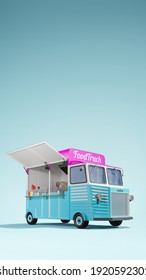 Retro Style 3D Food Truck Illustration Isolated On Blue Story Format Background