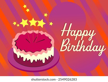 Retro Style Happy Birthday Card with Pink Cake and Diagonal Stripes - Powered by Shutterstock