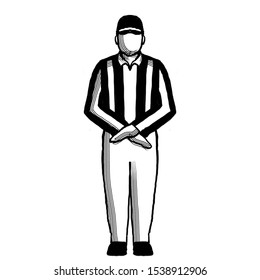 Retro Style Illustration Of An American Football Referee Or Official With Hand Signal Showing Penalty Refused, Incomplete Pass, Missed Field Goal Sign Done In Black And White.