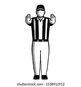 Retro Style Illustration Of An American Football Referee Or Official With Hand Signal Showing Pass Interference Sign On Isolated Background Done In Black And White.