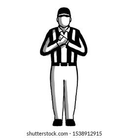 Retro Style Illustration Of An American Football Referee Or Official With Hand Signal Showing Holding Sign On Isolated Background Done In Black And White.