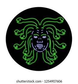 Retro Style Illustration Showing A 1990s Neon Sign Light Signage Lighting Of Head Of Medusa In Greek Mythology, Gorgon Monster, Living Venomous Snakes Instead Of Hair On Black Oval.