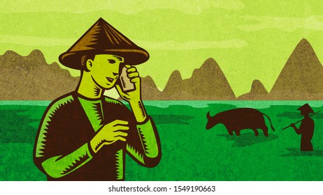 Retro Style Illustration Of A Vietnamese Or South East Asian Farmer Wearing A Hat Talking On Mobile Phone With Paddy Field And Mountains In Background.