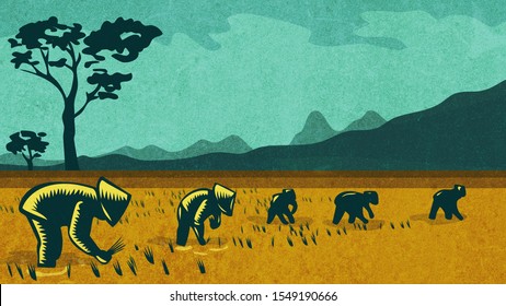 Retro style illustration of a Vietnamese or South East Asian farmers planting rice in paddy field with mountains in background.