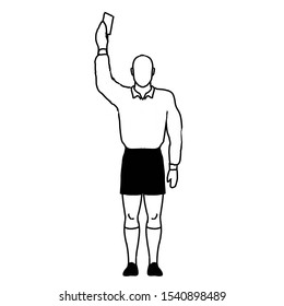 Retro Style Line Drawing Illustration Showing A Rugby Referee With Penalty Red Card Sending Off Or Yellow Card Caution Hand Signal On Isolated Background In Black And White.