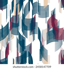 Стоковая иллюстрация: Retro style stripe wallpaper in ribbed structure. Abstract hand drawn seamless pattern. Dark midnight blue, deep peach and vivid burgundy and bone colors on the white background.