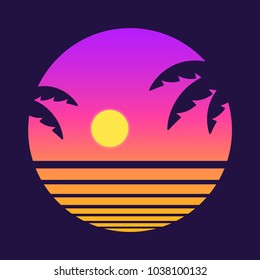 Retro Style Tropical Sunset With Palm Tree Silhouette And Gradient Background. Classic 80s Design Illustration.