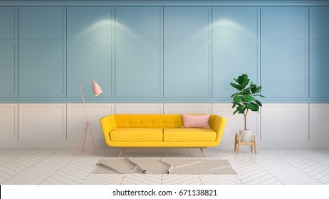 Retro And Summer Interior  Living Room Style , Yellow Sofa With Pink Lamp On White And Blue Wall .3drender