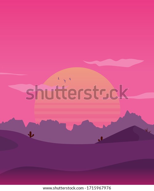 Retro sun in the desert, aesthetic pink wallpaper for walls