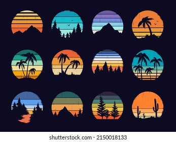 Retro Sunset, 80s Style Grunge Striped Sunsets. Abstract Vintage Sunrise Logo With Summer Beach, Mountains, Forest Landscape  Set. Tourism Or Traveling Concept, Adventure Logotype