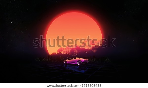 レトロな夕日と車 太陽と車のレトロな壁紙 美しいレトロな背景 のイラスト素材