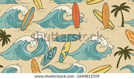Retro surf seamless pattern. Hand-drawn vintage illustration of surfboards, ocean waves, and palm trees on a sandy beach. Summer vacation vibe.