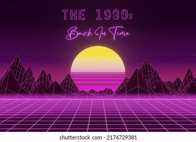 Retro Synthwave Background With Sun And Mountains With THE 1980s Text. 3D Illustration. 1980s Design Style.