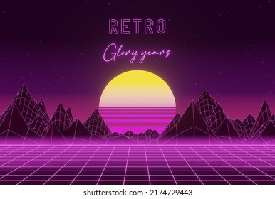 Retro Synthwave Background With Sun And Mountains With RETRO Text. 3D Illustration. 1980s Design Style.