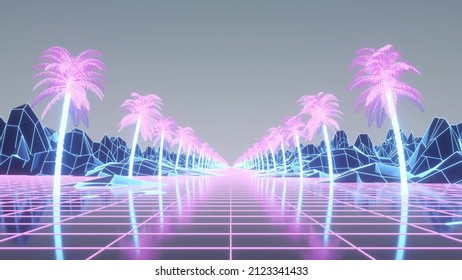 Retro Synthwave Background. Synthwave Wireframe Net. 3d Rendering.