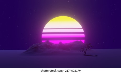 Retro Synthwave Sunset Futuristic Scifi Cyberpunk Landscape Scenery. 3d Rendering Illustration. 80's Mood Yellow And Purple Neon Vaporwave Sun.