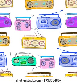 Retro tape recorders. Set of retro tape recorders. Vintage retro audio boombox player with buttons. Seamless retro background.
