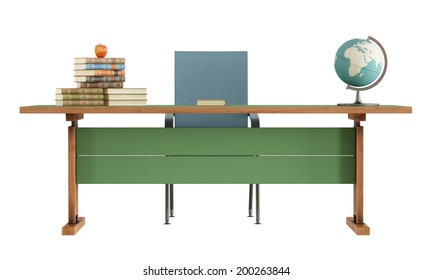 Retro Teacher's Desk With Books,apple And Globe Isolated On White-rendering