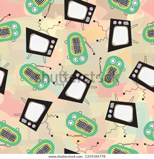 Retro television and vintage radio on abstract\
background  pattern. Vintage TV and old radio receiver on light\
background \
pattern
