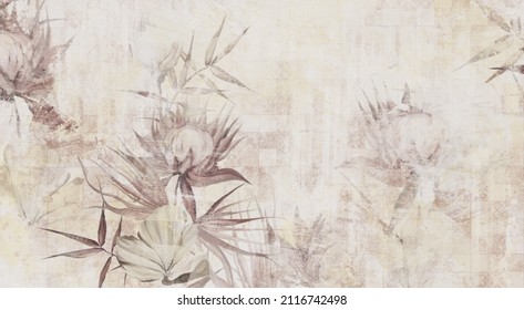 retro textured tiled background with a shabby texture, which depicts worn art flowers and leaves, wall murals for the interior