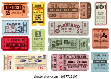 Retro Tickets. Vintage Cinema Ticket Concert And Festival Event, Movie Theater Coupon. Circus Show, Raffle Paper Voucher Carnival Invite Or Train Ticketing Set