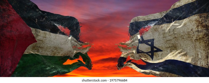 retro torn, tattered flags of Palestine  and Israel waving in the wind. Palestinian conflict concept. 3d illustration