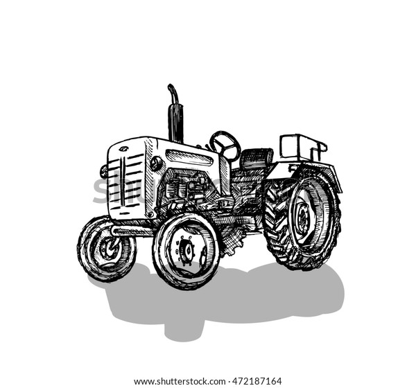 Retro tractor on white background. Free hand drawn.\
illustration. 