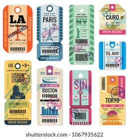 Retro Travel Luggage Labels And Baggage Tickets With Flight Symbol Collection. Luggage Label Tag Registered Illustration