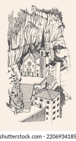 Retro Travel Sketch Illustration Of 
Sanctuary Of The Madonna Della Corona, Italy. Sketchy Line Art Drawing With A Pen On Paper. A Hand-drawn Old Church. Sketch In Black Color On Beige Background. 