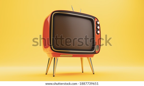 Retro TV blank screen template. Mockup on\
yellow background - 3d\
rendering