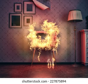 Retro TV Burning In Old Room. 3d Illustration Concept