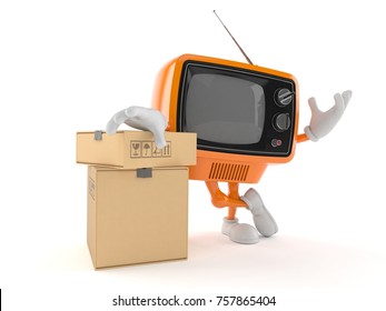 Retro TV Character With Stack Of Boxes Isolated On White Background. 3d Illustration