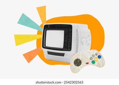 Retro TV and game controller with colorful geometric shapes on white background. Vintage TV and gaming nostalgia. Classic TV and controller design with vibrant accents. - Powered by Shutterstock