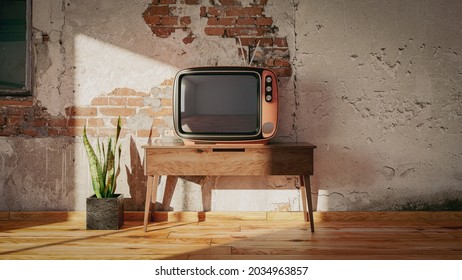 Retro Tv In An Old Room With A Broken Brick Wall - 3d Illustration Mockup