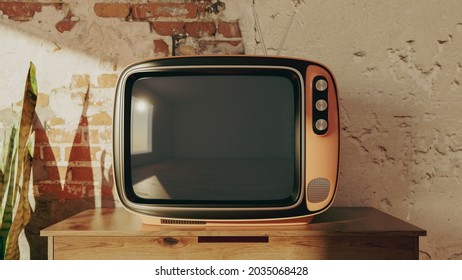 Retro Tv In An Old Room With A Broken Brick Wall - 3d Illustration Mockup