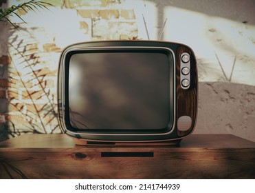 Retro Tv In An Old Room With A Broken Brick Wall - 3d Illustration Mockup