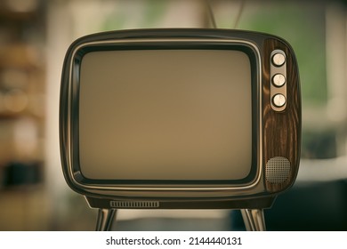 Retro Tv In An Old Room With A Broken Brick Wall - 3d Illustration Mockup