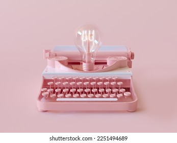 Máquina de escribir retro con iluminación de bombilla. Copiar el espacio mínimo concepto de idea, innovación, genio, escritor, trama, periodismo, inspiración. 3d ilustración de representación. 