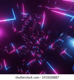 Retro Video Game In Neon Cube Scene. 3D Render	