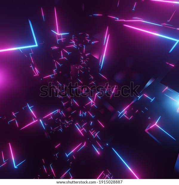 Retro Video\
Game in Neon cube scene. 3D\
render	