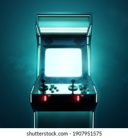 A Retro Video Games Arcade Fighting Machine For Two Players, With A Large Blank Screen. 3D Render Illustration.