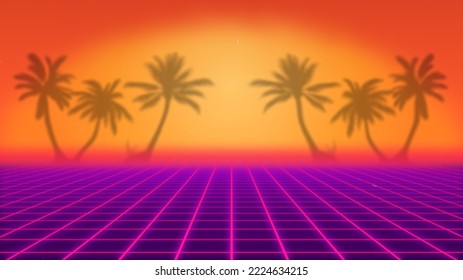 Retro Videogame Background. Sunset Backdrop. Orange And Purple Retrowave Layout With Palm Tree And Copy Space