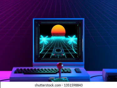 Retro Videogame On A 1980's Computer In Neon Light Blue And Violet - Retrowave Concept - 3D Rendering