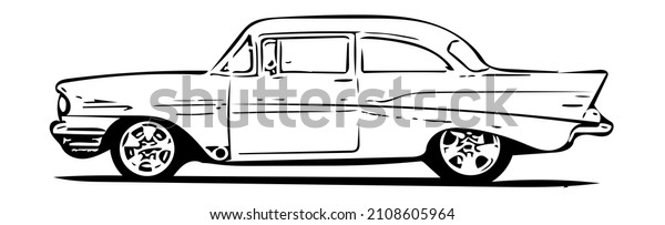 retro vintage car\
sketch isolated on a white background. classic retro car side view.\
poster of old muscle\
car