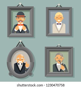Retro Vintage Photo Frames Wealthy Victorian Gentleman Businessman Old Young Family Tree Stylish Lamp Background Great Britain Design  Illustration
