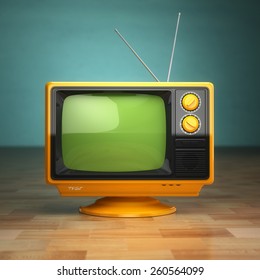 Retro vintage tv on green background. Television concept. 3d