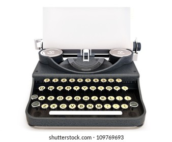 Retro vintage typewriter front view with paper, room for text or copy space on a white background.