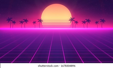 Retro wave horizon landscape illustration. Bright glowing neon laser lights. Synthwave wireframe net. Palm trees on the background. Sunset on the beach. 80s, 90s style. Retro Futurism. 3D Render