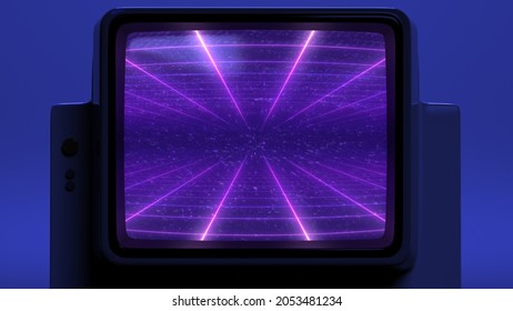 Retro wave style background displayed on vintage computer screen. VHS noise and glitch effects. Bright purple colors. Digital neon wireframe grid tunnel. Old display. 3D Render concept illustration